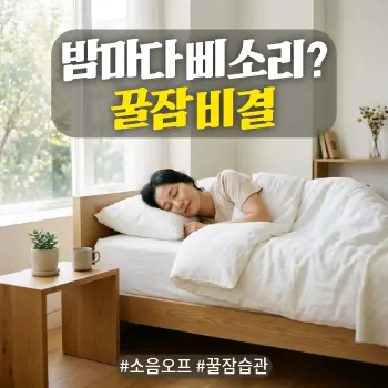 * 이미지 프롬프트: #모던 #미니멀 #깨끗한 #자연광 키워드를 반영한 디자인. 밝고 선명한 톤의 자연스러운 아날로그 실사 스타일. 화사한 아침 햇살이 비치는 깨끗한 화이트 톤 침실에서 40대 한국인 여성이 아주 평온한 표정으로 깊이 잠들어 있는 모습. 주변 소음에서 완전히 해방된 듯한 안온하고 정적인 분위기. 인물은 이불을 가슴까지 덮고 있으며, 방 안은 불필요한 소품 없이 미니멀하게 정돈됨. 인물의 피부 결이 자연스럽게 살아있는 고화질 사진. 이미지 내 텍스트 없음.
* 썸네일 텍스트(제목): 밤마다 삐소리? 꿀잠 비결
* 해시태그: #소음오프 #꿀잠습관