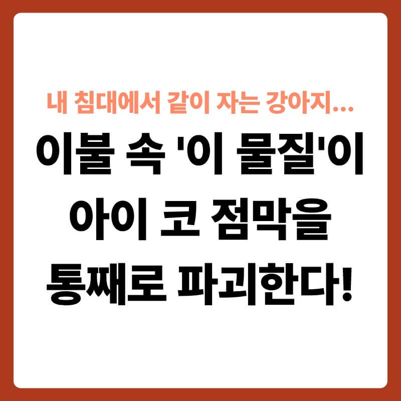 안락한 침대 이불 위에서 보호자와 나란히 누워 잠을 자고 있는 강아지의 모습 옆으로, 침구류 섬유 조직 내부가 투명한 3D 과학 그래픽으로 확대된 단면