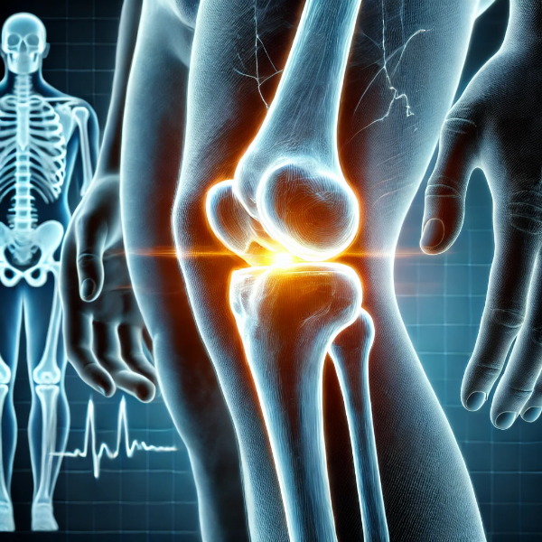 관절 건강을 상징하는 빛나는 무릎 관절 일러스트와 배경의 X-ray 이미지