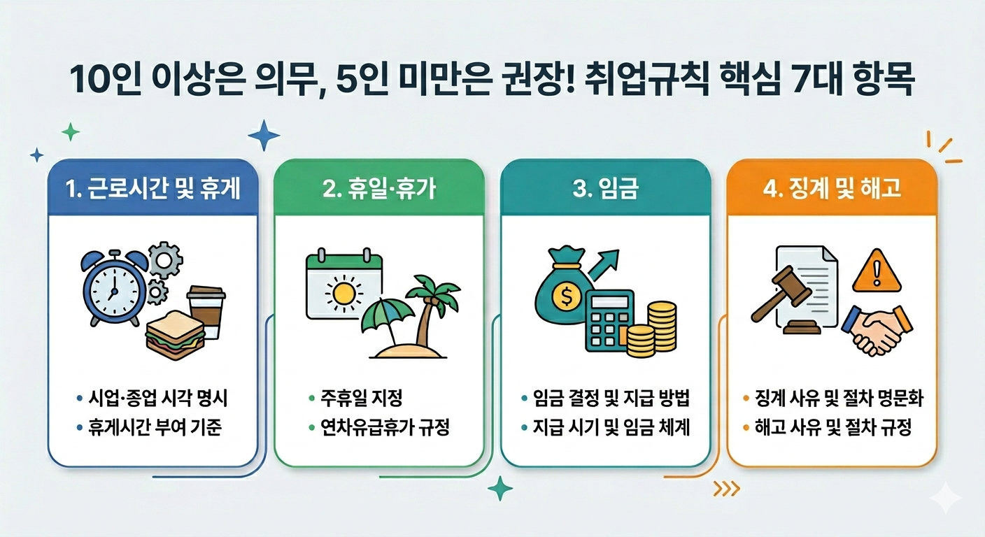 10인 이상 의무, 5인 미만 권장 취업규칙 필수 항목 인포그래픽