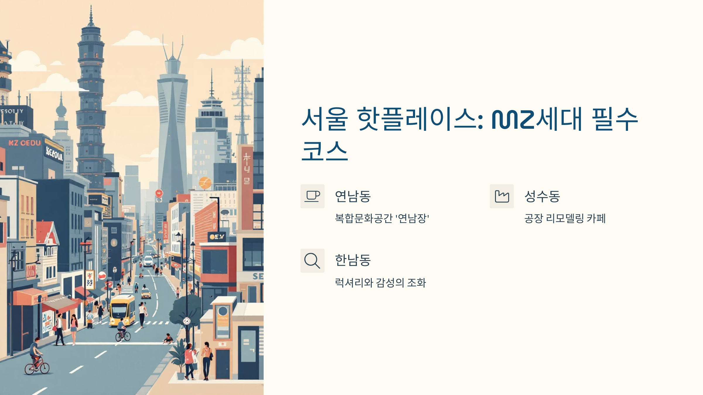 [이미지: 2025년 서울 핫플레이스, 연남동 복합문화공간과 성수동 맛집]