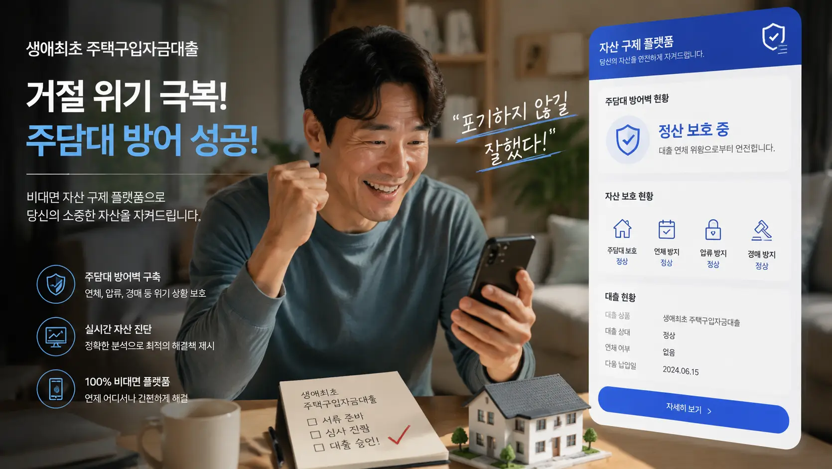 생애최초 주택구입자금대출 거절 위기를 극복하고 비대면 자산 구제 플랫폼으로 주담대 방어벽을 확인하여 안도하는 가장