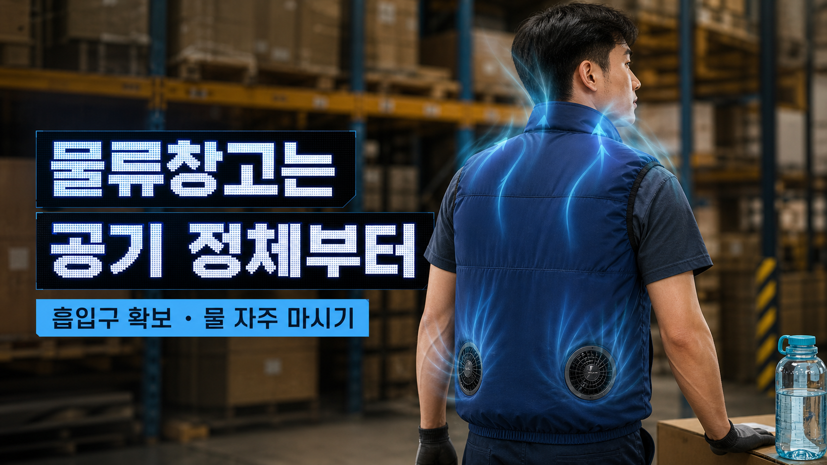 물류창고에서 선풍기조끼를 입은 작업자