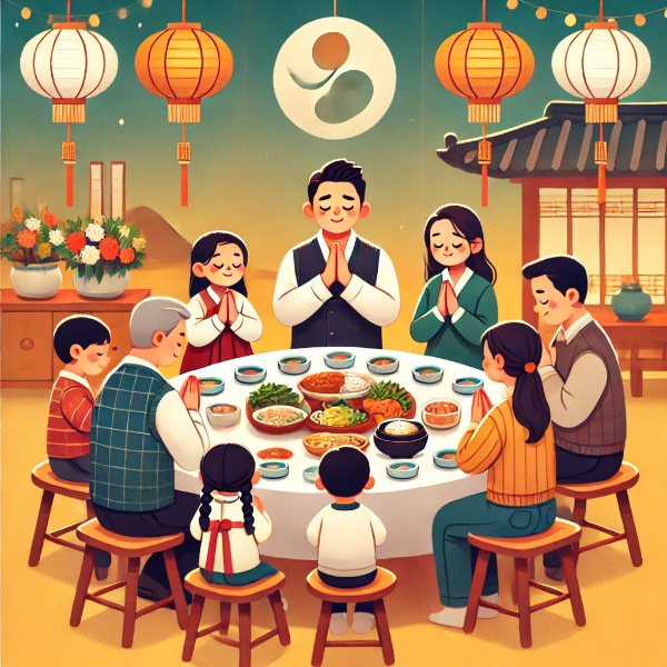 설날 가족들 모여서 기도하는 모습