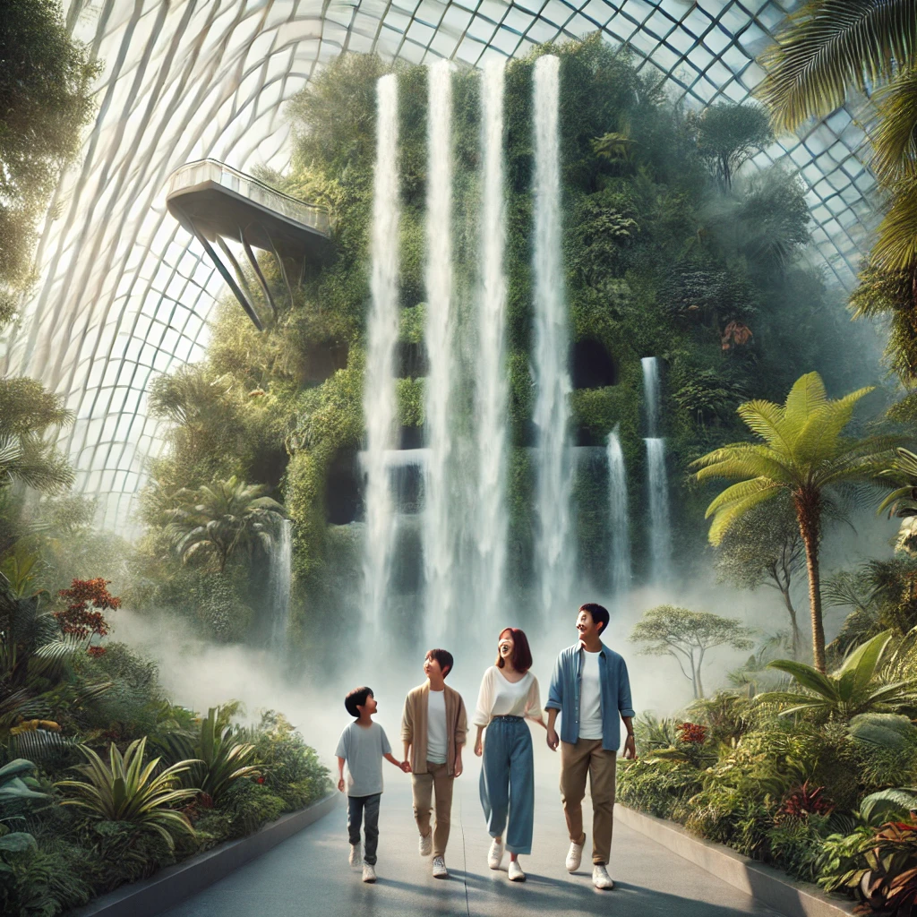 시원한 안개가 피어오르는 인공 폭포 앞에서 가족이 산책하는 모습