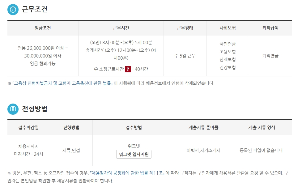 구직 활동 시 핵심 정보인 근무 시간과 임금 조건을 확인하는 상세 화면