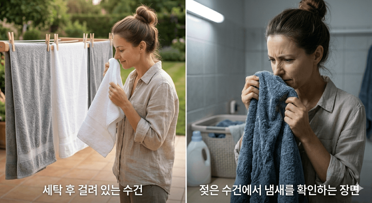 세탁 후 걸려 있는 수건과 젖은 수건에서 냄새를 확인하는 장면