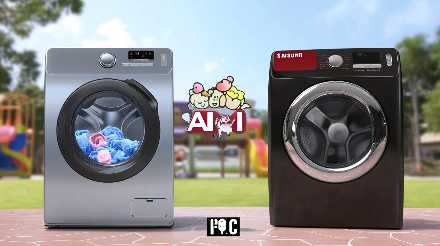밝은 색상의 혁신적인 AI 기능과 세련된 디자인에 초점을 맞춘 삼성 AI 세탁기와 다른 브랜드 제품의 비교 장면