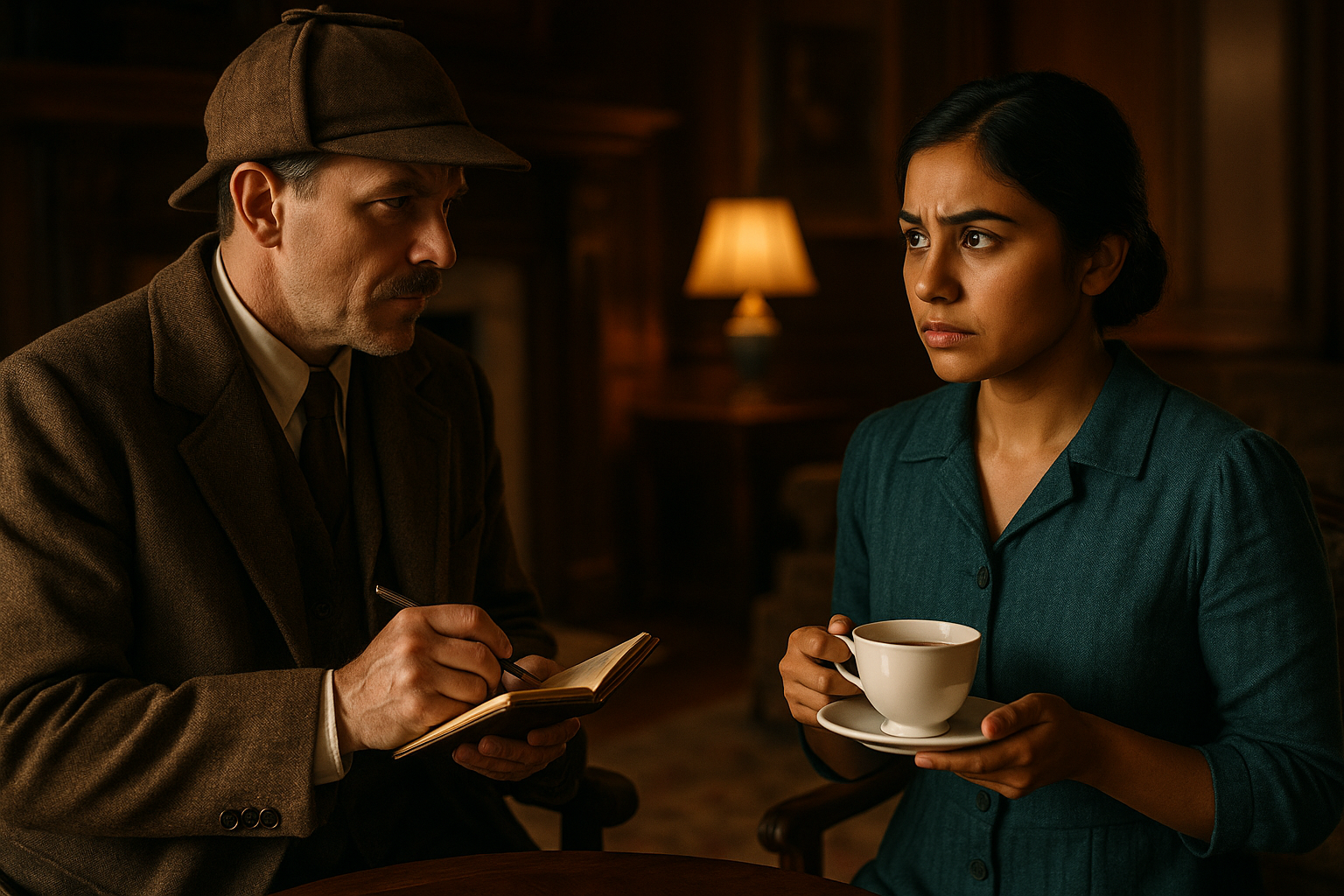 미스터리 분위기의 탐정과 이민자 여성 간의 묘한 심리전. 탐정은 수첩을 들고 있고, 여성은 커피잔을 든 채 긴장한 눈빛
