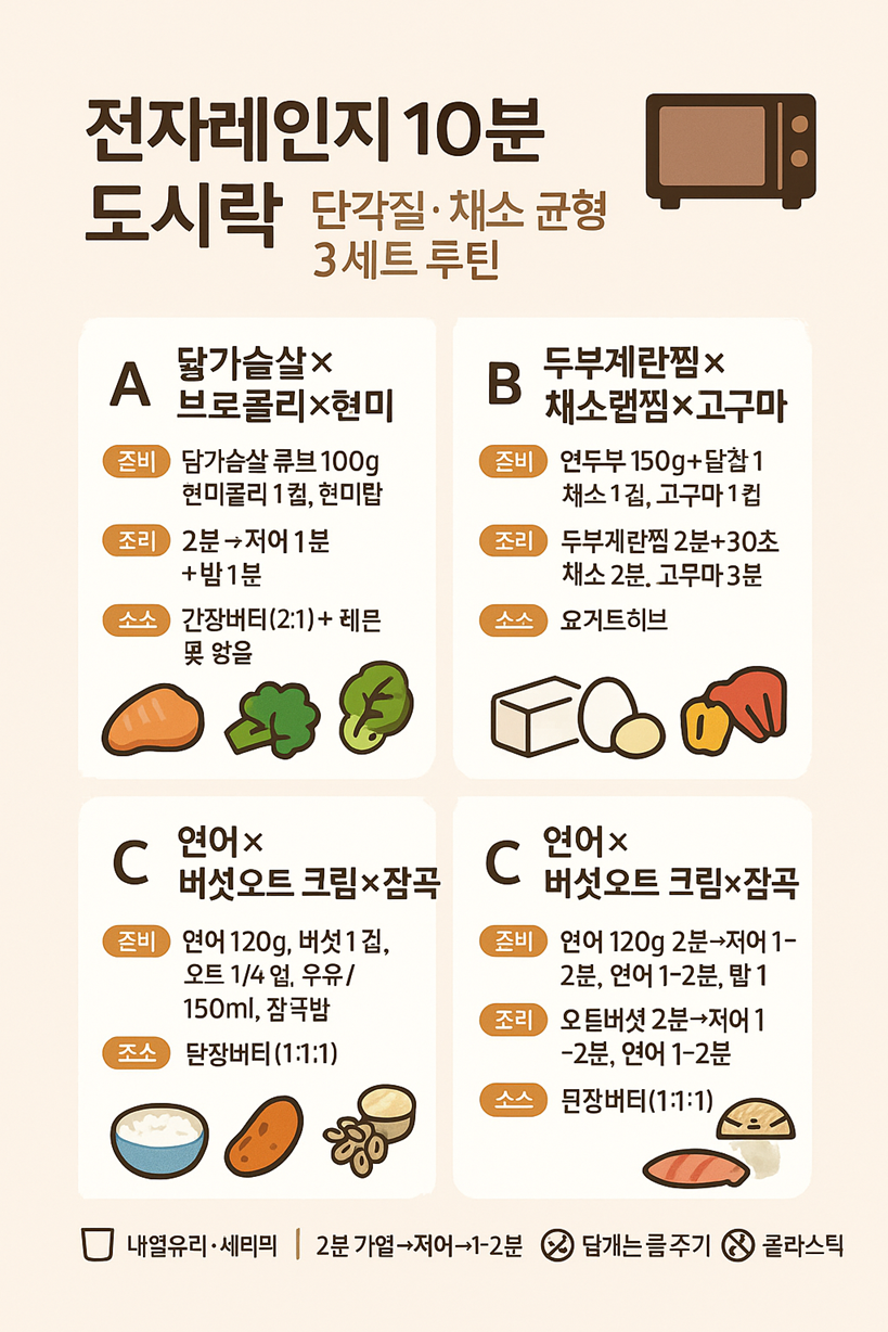 전자레인지10분도시락: 단백질·채소 균형 3세트 루틴