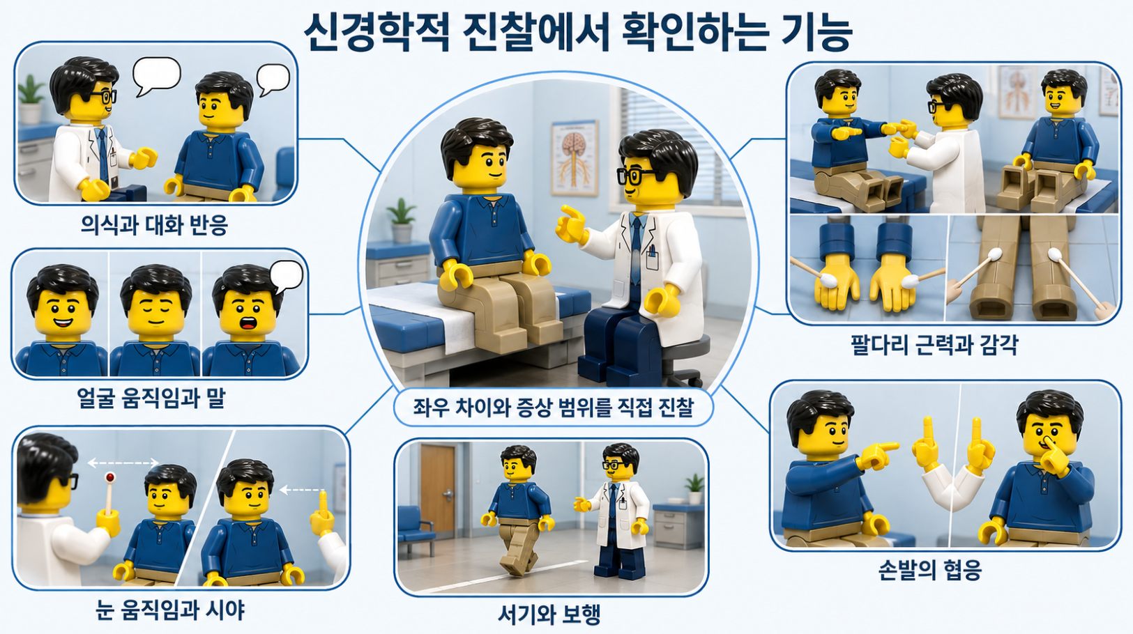 의식·얼굴·말·시야·근력·감각·협응·보행을 확인하는 신경학적 진찰
