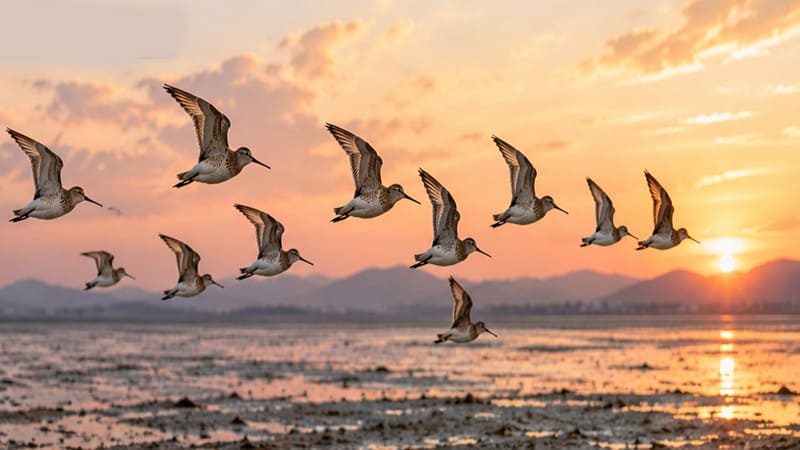 <img src=&rdquo;shorebird-migration-journey.jpg&rdquo; alt=&rdquo;석양의 갯벌 위를 무리 지어 날아가는 도요새&rdquo;>