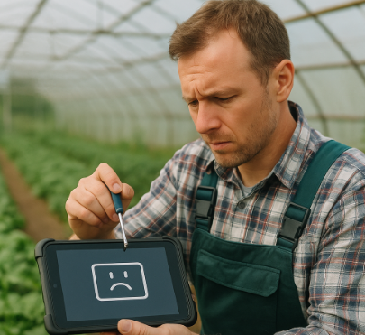 온실 내부에서 남성 농부가 태블릿을 들고 오류 화면을 확인하며 복구를 시도하는 모습. 태블릿 화면에는 슬픈 얼굴 아이콘이 표시되어 있고, 주위에는 녹색 작물이 자라고 있음
