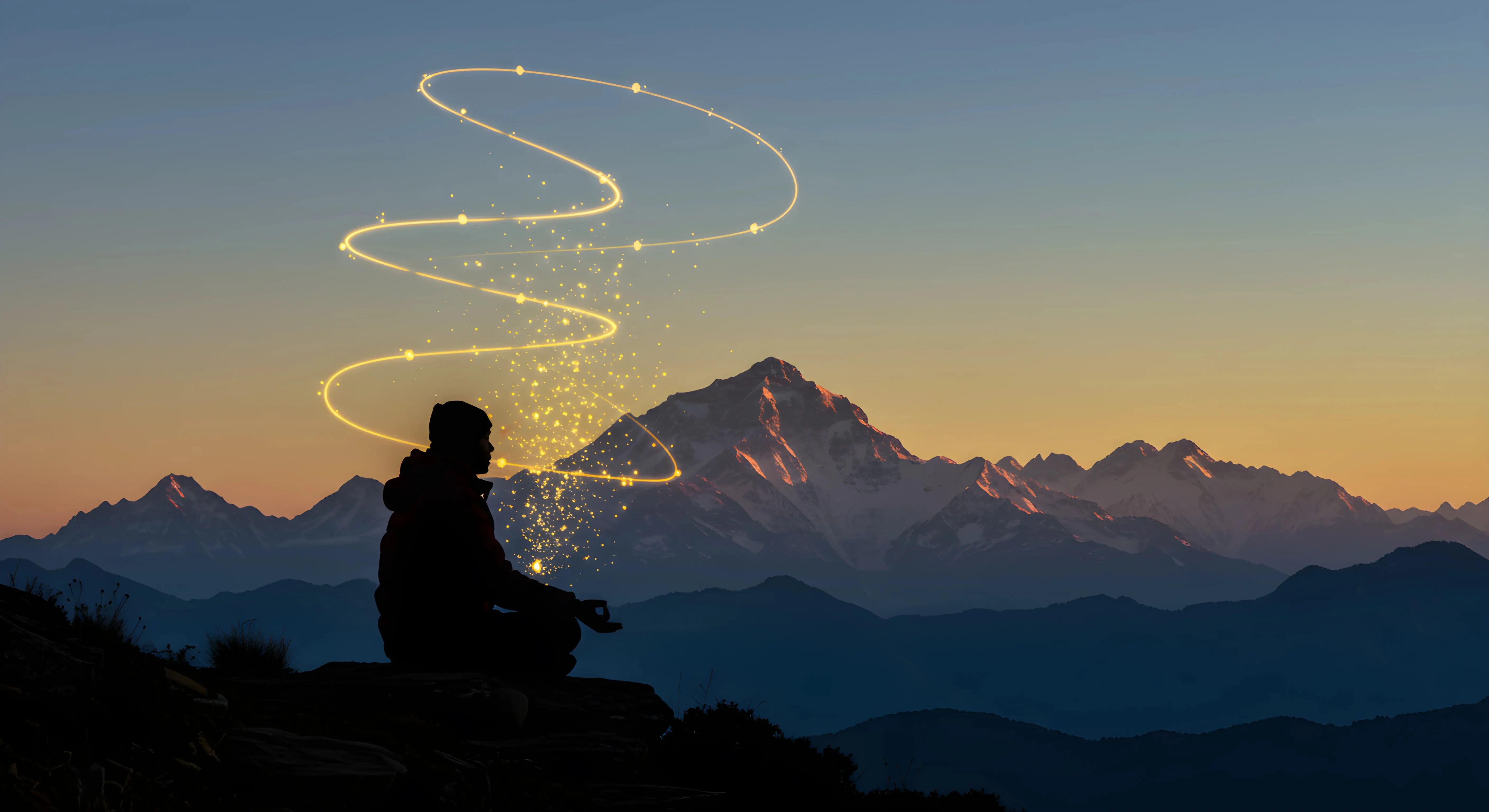 히말라야 산맥에서 명상하는 셰르파, 새벽의 고요함 속 황금빛 호흡 에너지와 반짝이는 산소 분자가 어우러진 신비로운 장면