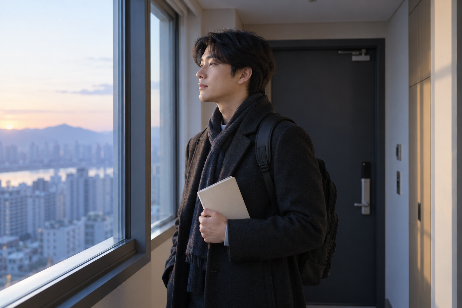 출근 전 창가에서 작은 노트를 들고 생각을 정리하는 사람