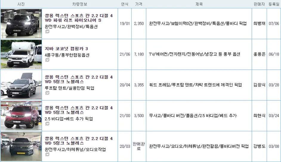 쌍용 렉스턴 스포츠 칸 중고 가격