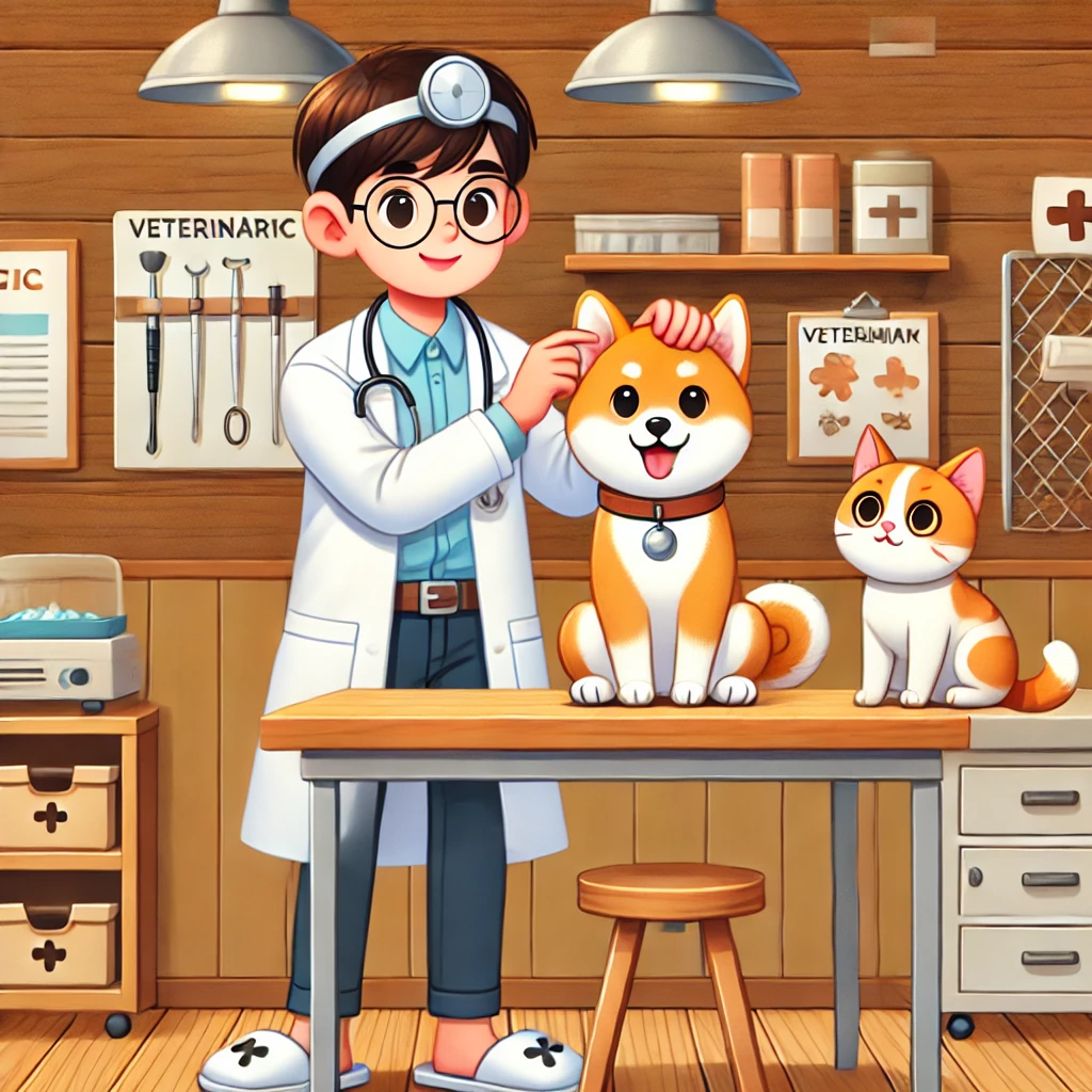 A veterinarian gently examining a Shiba Inu’s ears while a cat waits on the table inside a warm veterinary clinic