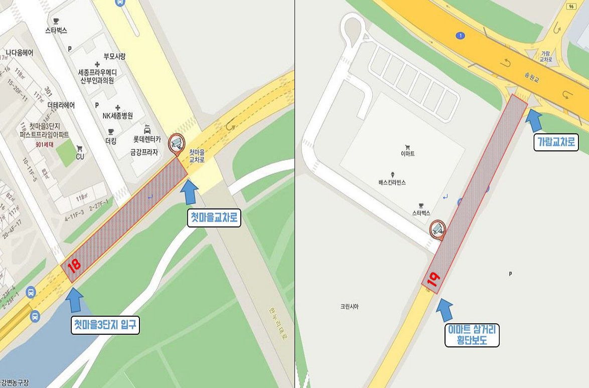 첫마을3단지 입구첫마을교차로, 이마트 삼거리가람교차로 구간. 붉은 점선 표시.