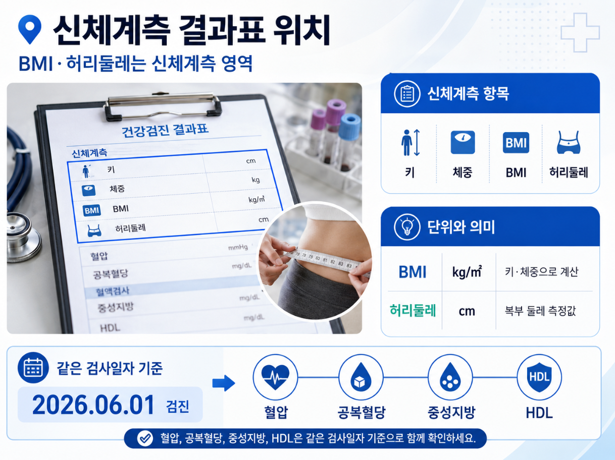 건강검진 결과표의 신체계측 영역을 설명하는 인포그래픽으로, 키·체중·BMI·허리둘레 항목과 같은 검사일자의 혈압·공복혈당·중성지방·HDL 확인 기준을 보여주는 이미지