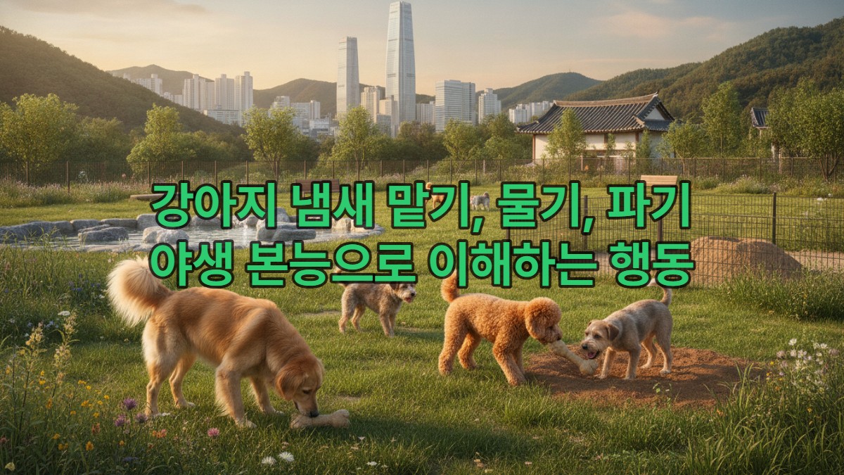 다양한 강아지들이 공원에서 냄새를 맡고, 장난감을 물고, 땅을 파며 야생 본능을 건강하게 해소하는 모습. 현대 한국 도시를 배경으로 반려견의 자연스러운 행동을 담은 이미지.