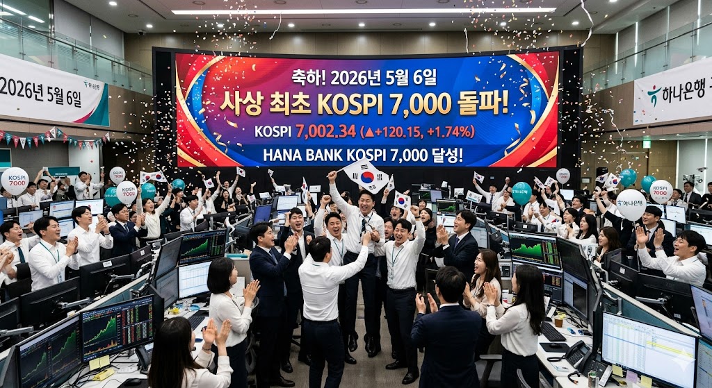 2026년 5월 6일 코스피 7,000 돌파를 축하하는 하나은행 딜링룸의 환호 장면