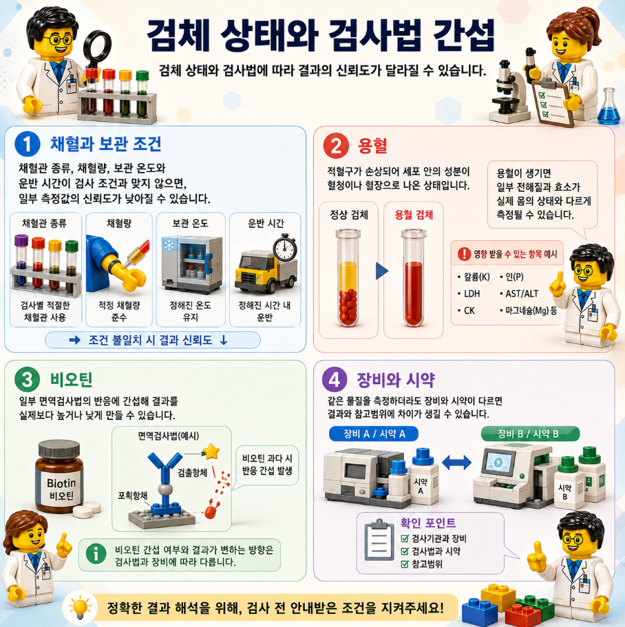 검체 상태, 용혈, 비오틴, 장비와 시약 차이에 따른 검사 결과 영향을 설명한 레고 스타일 메디컬 인포그래픽