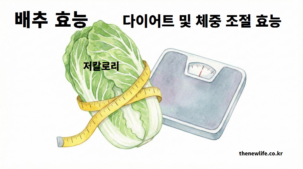 줄자로 감싸진 배추와 체중계가 그려진 일러스트. 저칼로리 식품으로서 다이어트와 체중 조절에 도움을 주는 배추 효능을 표현한 이미지