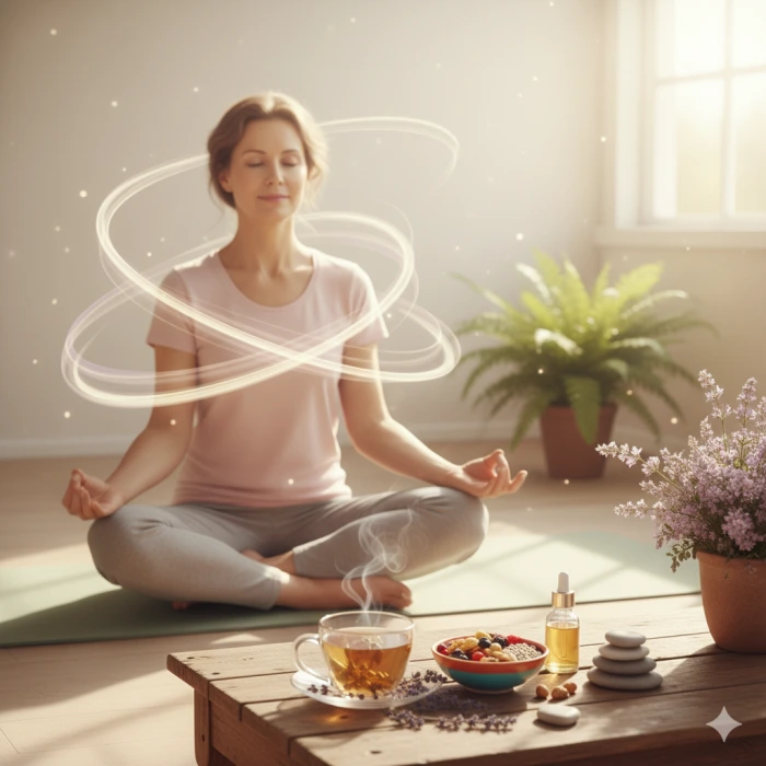 요가, 허브차, 건강한 식재료, 또는 평화로운 자연 요소들이 어우러져 갱년기 여성의 건강과 안정을 상징하는 이미지.