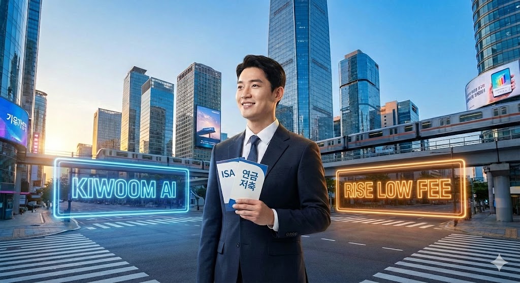 ISA와 연금저축 통장을 든 직장인이 KIWOOM과 RISE 두 갈림길에서 행복한 고민을 하는 모습