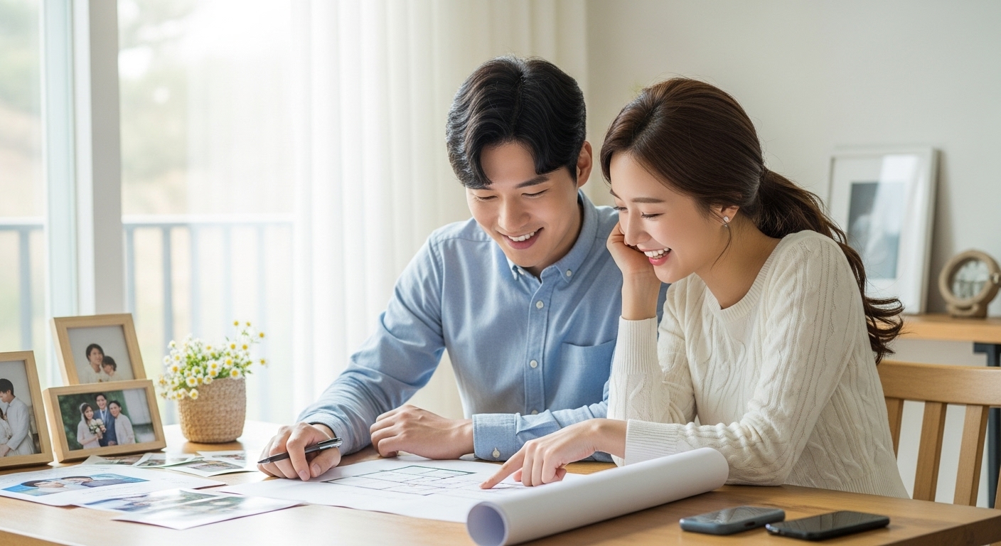 안정적인 집에서 미래를 계획하는 청년과 신혼부부의 행복한 모습