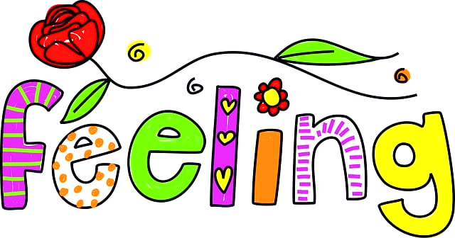 영문자로 feeling이라고 적혀있다. 보라색과 연두색, 노란색으로 칠해졌고, 글자 위에는 빨간 장미꽃 한송이가 있다.