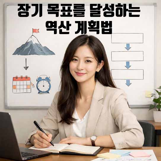 장기 목표 달성, 역산 계획법, 목표 설정 전략, 시간 관리 기술, 자기 계발 방법, 성공 습관, 로드맵 그리기, 계획 세우기, 개인 성장, 목표 달성 노하우