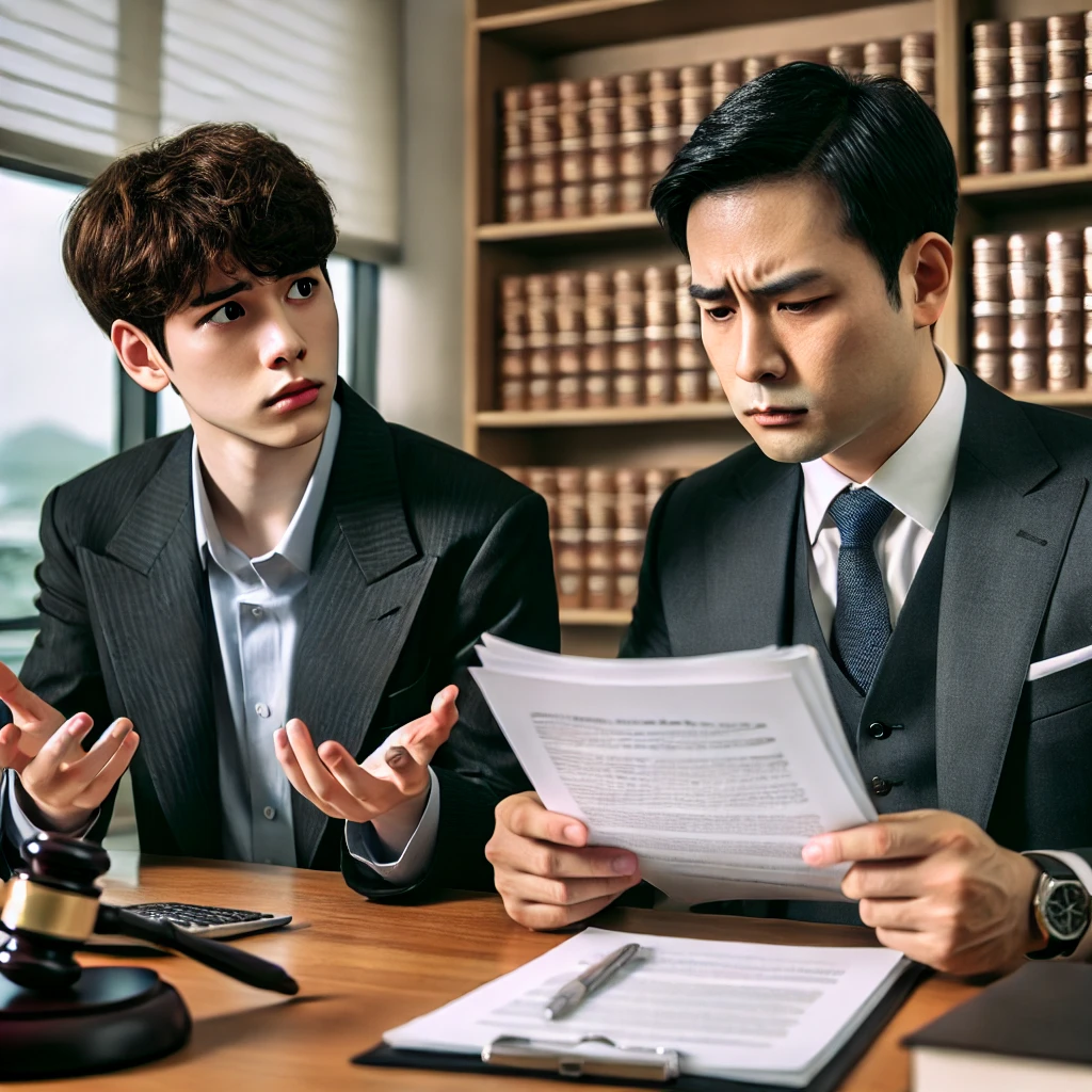 법률 서적이 배경에 있는 사무실에서 변호사가 설명하는 법률 문서를 보며 혼란스러운 표정을 짓고 있는 젊은 남