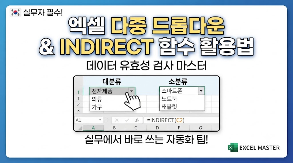'실무자 필수! 엑셀 다중 드롭다운 &amp; INDIRECT 함수 활용법: 데이터 유효성 검사 마스터'라는 메인 제목과 엑셀 시트에서 대분류 및 소분류가 연동되는 예시 화면, =INDIRECT(C2) 함수 수식이 포함된 블로그 썸네일 이미지