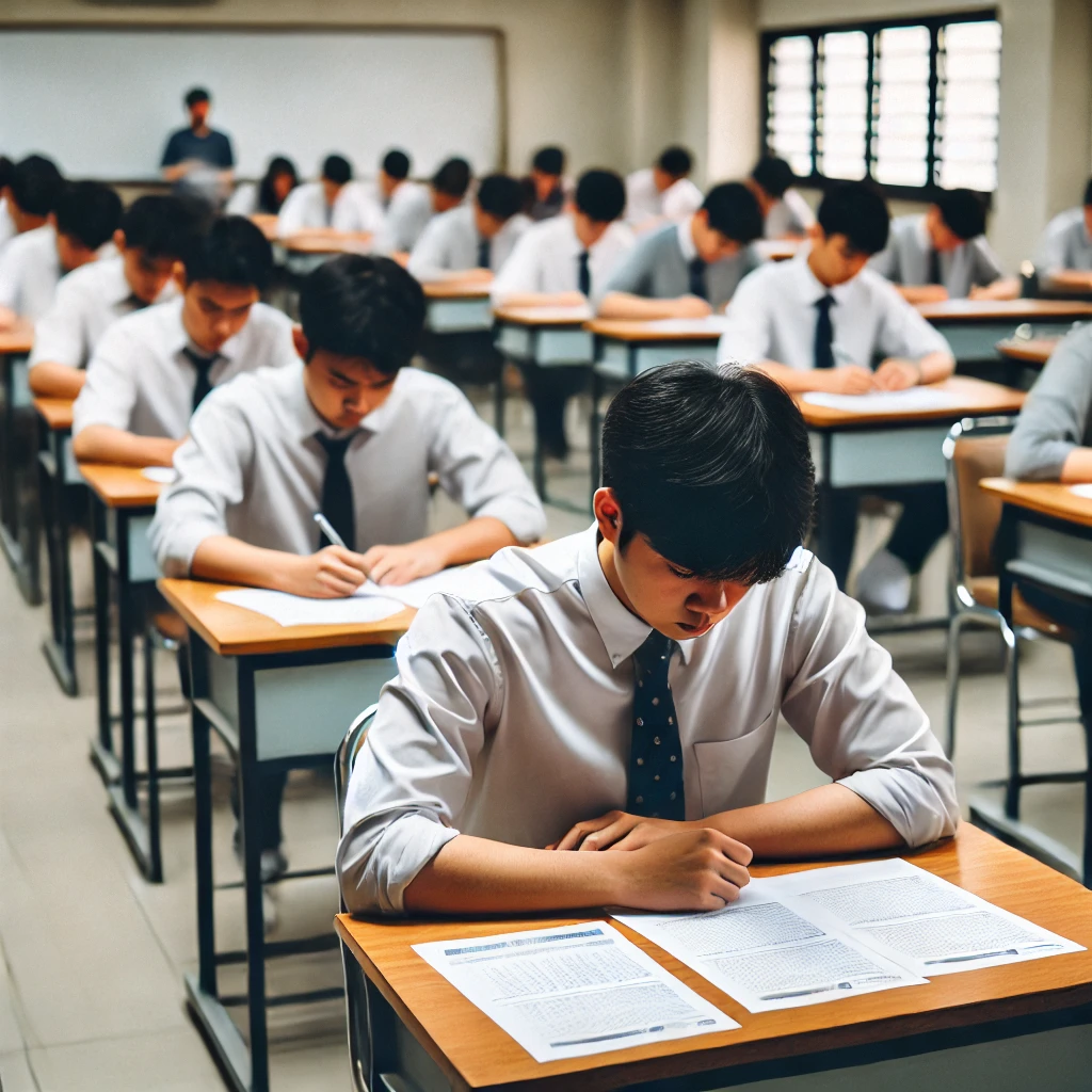 스터디룸에서 정보처리기사 실기시험 알고리즘 문제를 연습하는 학생. 책상 위에는 노트북, 화이트보드, 참고 자료가 정리되어 있음