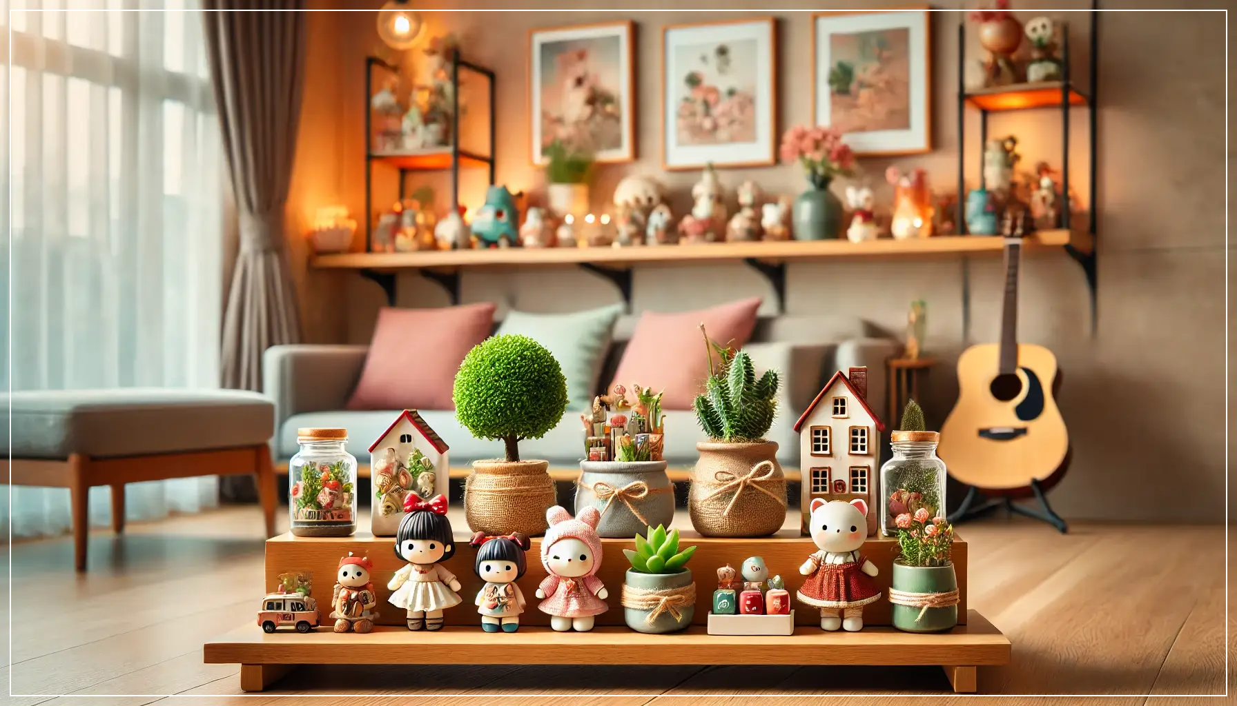 아늑한-거실의-스타일리시한-선반에-모여-있는-귀엽고-작은-소품들.-미니어처-피규어,-작은-화분,-색색의-장신구,-수제-장식품-등이-배열되어-있으며,-배경에는-현대적인-가구와-부드러운-조명이-어우러져-있다.