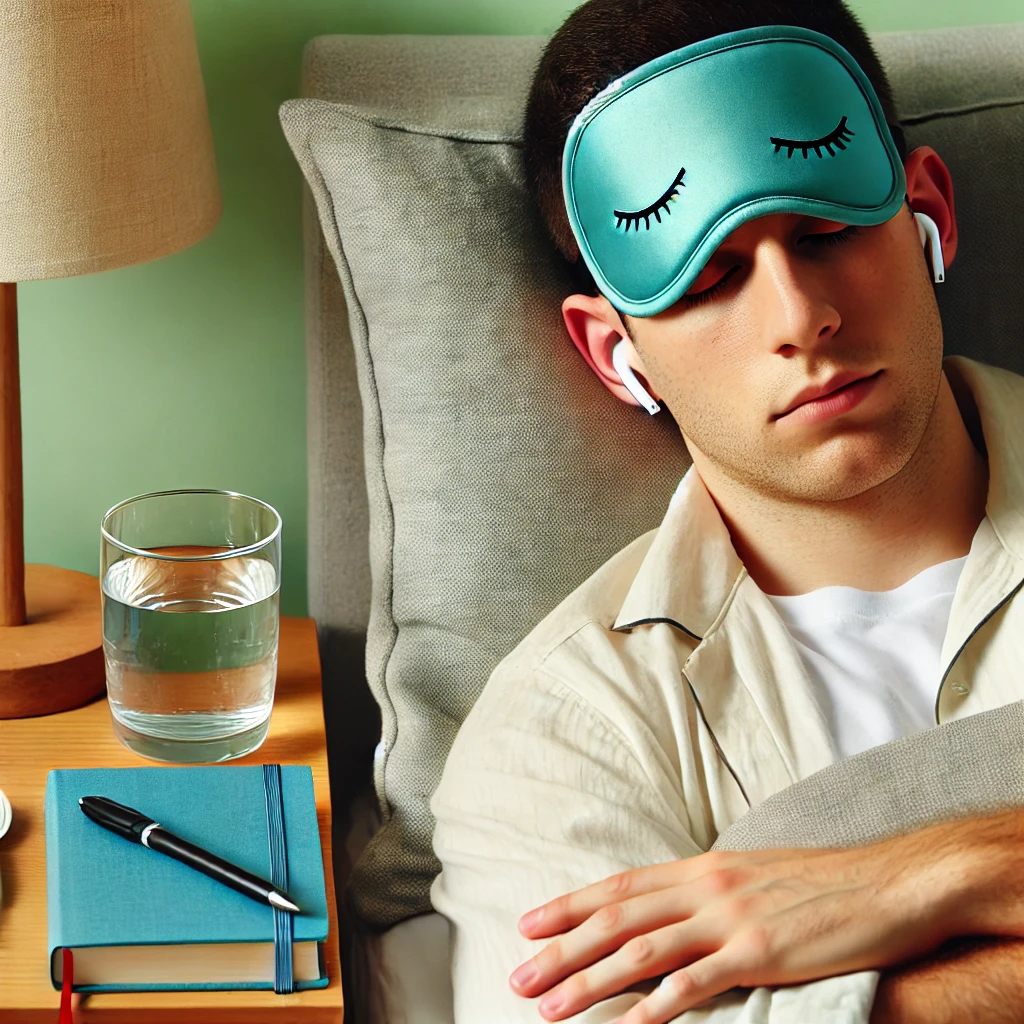 "눈 마스크를 착용하고 편안하게 잠든 사람과 침대 옆에 놓인 물과 책"