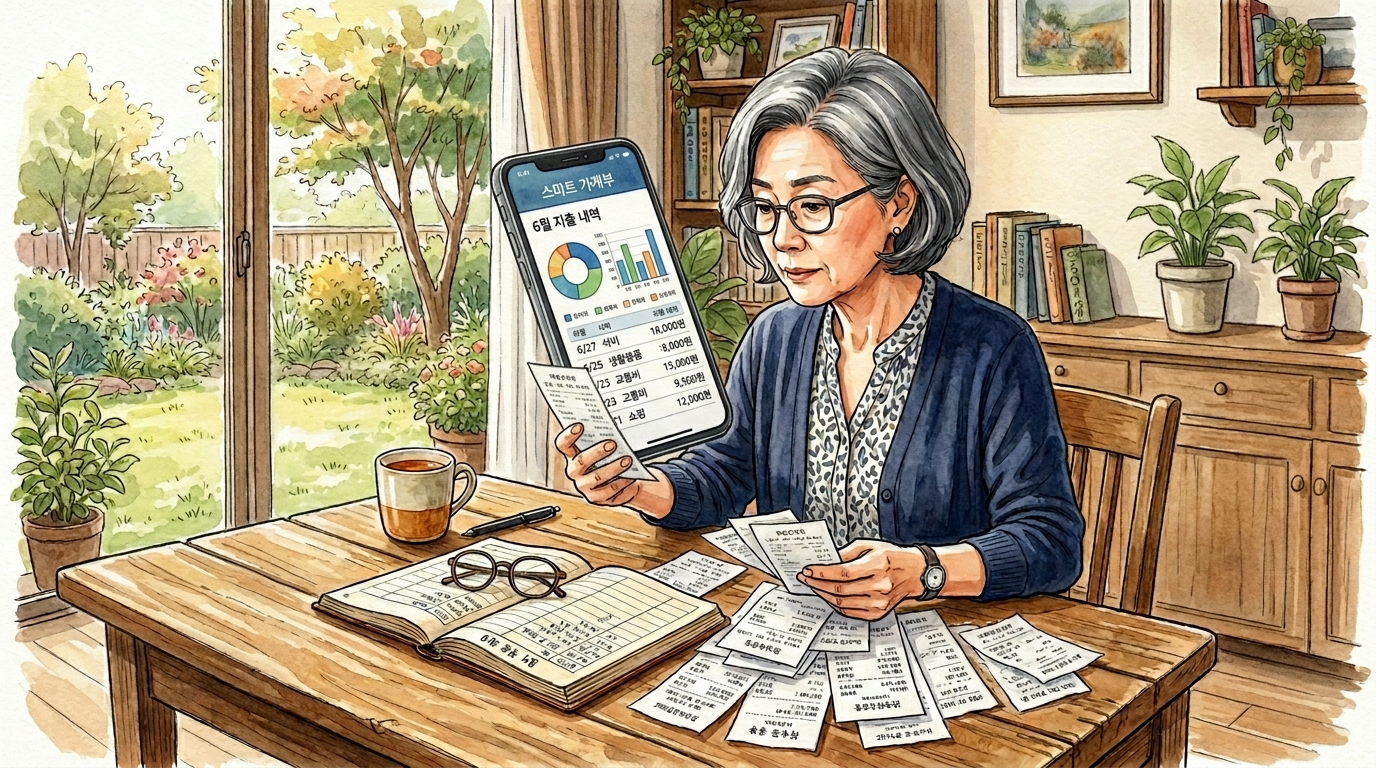 여러 영수증을 모아 기록하고 확인하는 모습과 간단하게 카드 자동 연동 가계부 앱에서 확인 할 수 있는 모습을 비교하는 이미지.