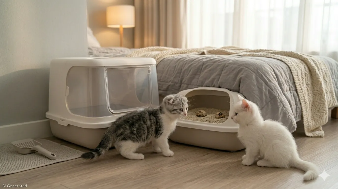 새 화장실을 탐색하는 하얀색 먼치킨과 스코티쉬폴드 고양이, 다묘 가정을 위한 고양이 화장실 배치