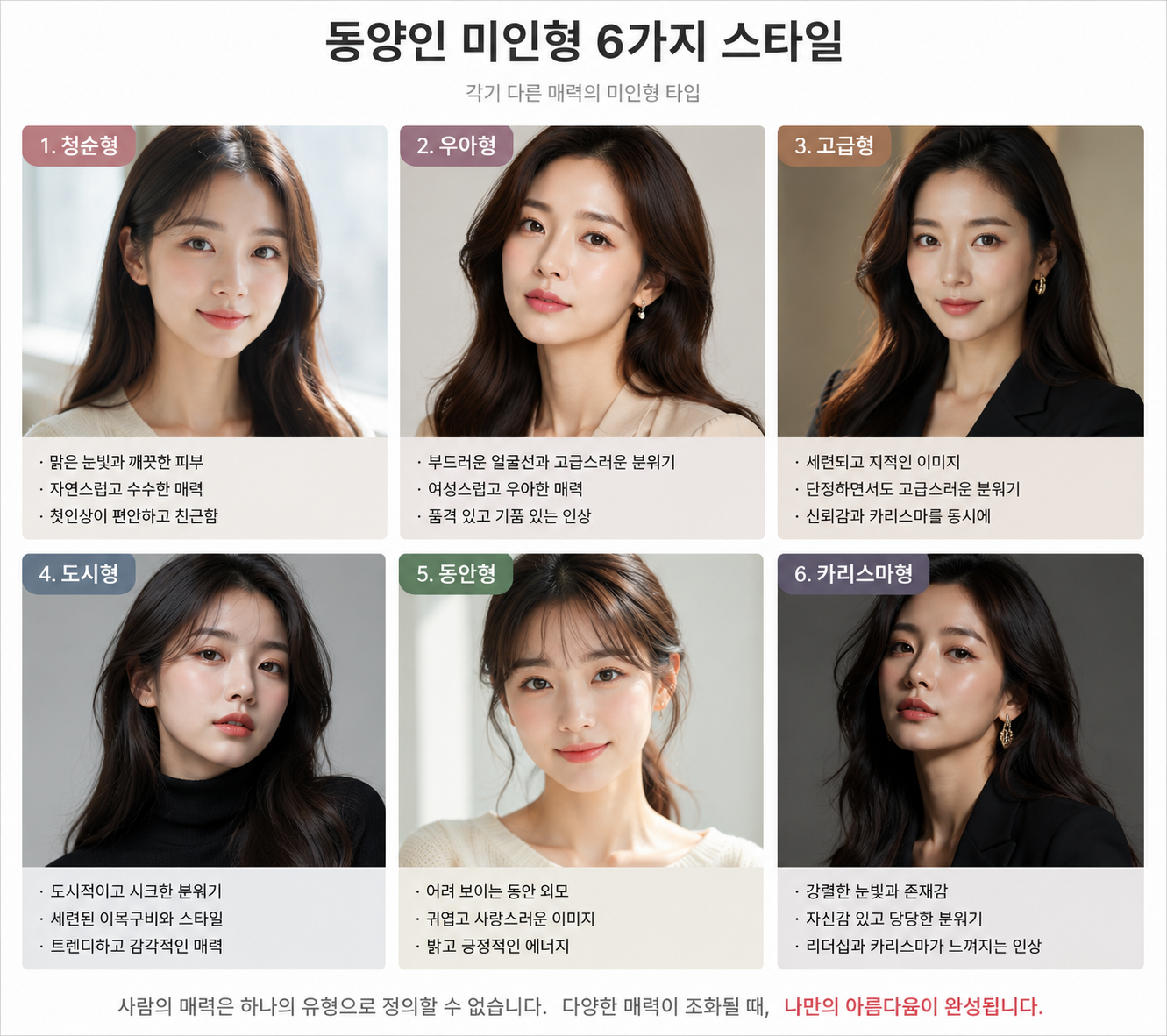 AI가 생성한 동양인 미인형 6가지 스타일 비교 이미지