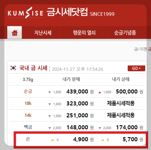 오늘 은시세 1돈 가격 살때 팔때 금시세닷컴