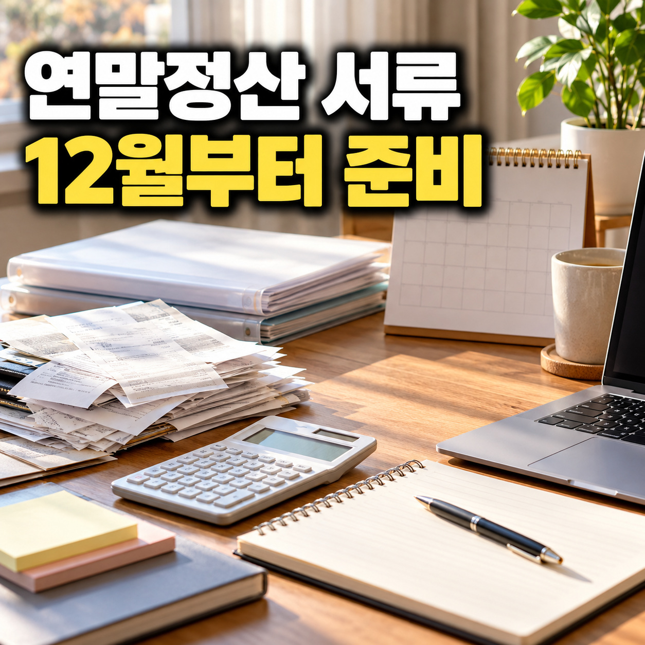 연말정산 서류 12월부터 준비라는 문구 아래 영수증과 계산기, 노트북을 놓은 책상