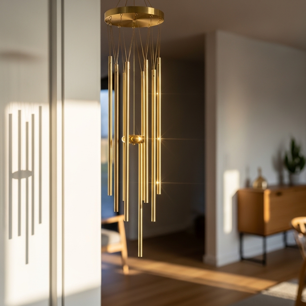 현관 문 옆에 걸린 맑은 소리를 내는 황동 풍경종, 집안의 좋은 기운을 부르는 장식