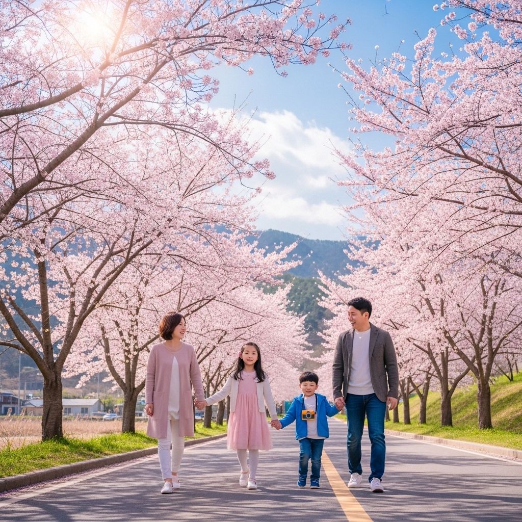 경차 사랑카드&amp;#44; 벗꽃길을 걷고있는 가족