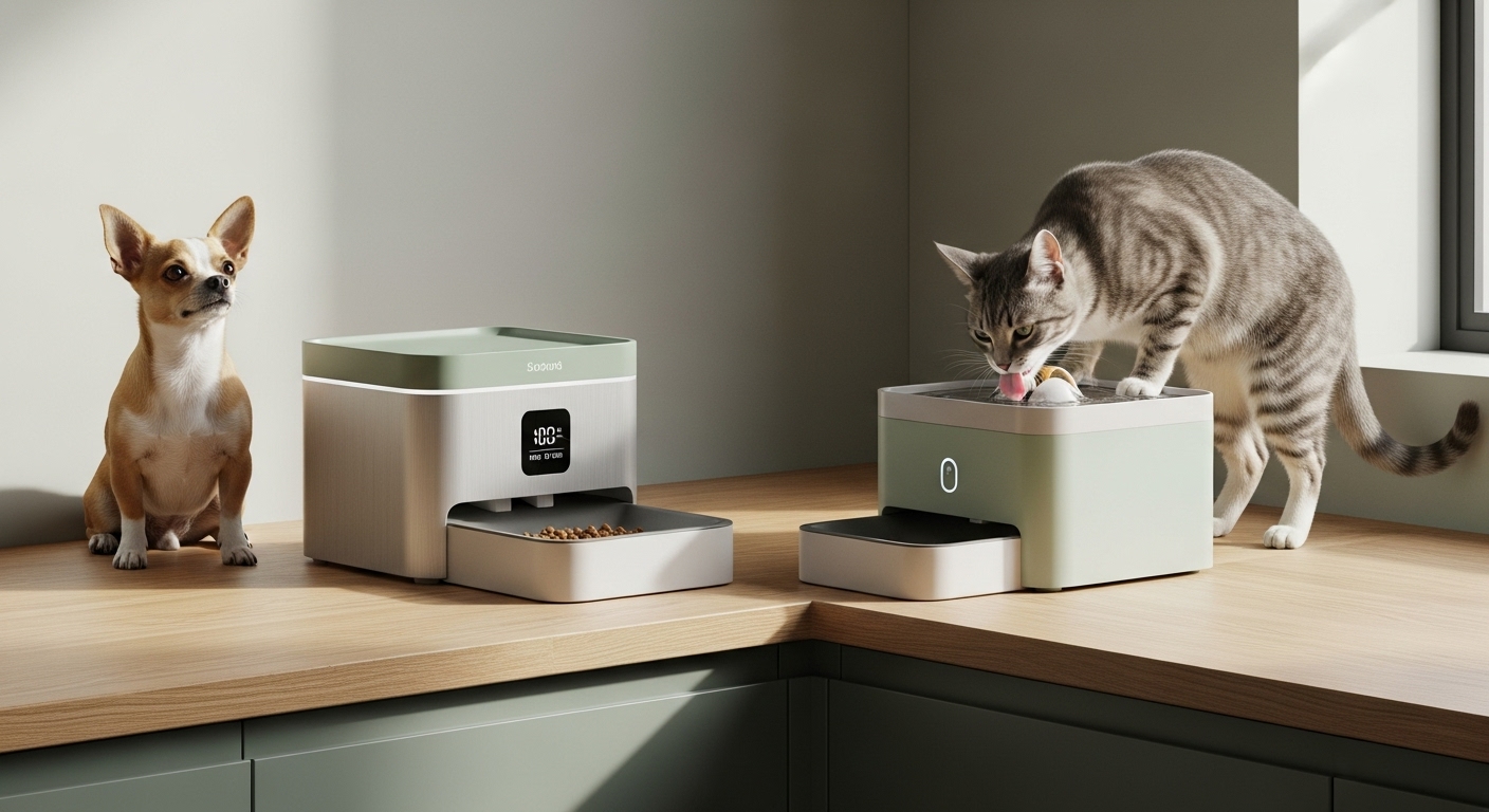 세련된 주방에 설치된 AI 스마트 자동 급식기와 정수기 옆에서 물을 마시는 고양이와 기다리는 강아지.