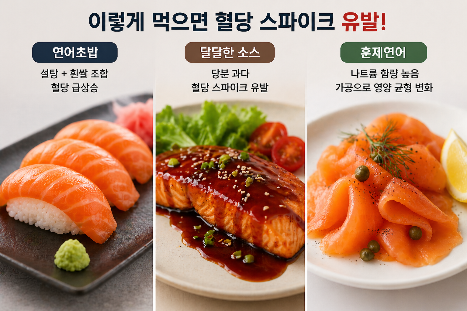먹는 방식에 따른 놓치기. 쉬운. 것들 나열
연어초밥,달달한소스,훈제연어 혈당스파이크. 유발