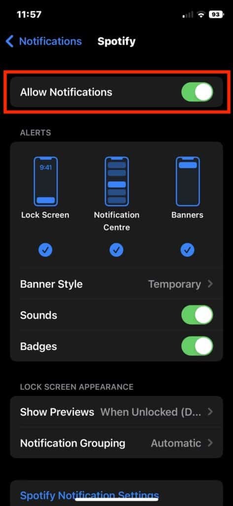 아이폰 세팅의 알림 메뉴에서 허용을 취소하는 모습
