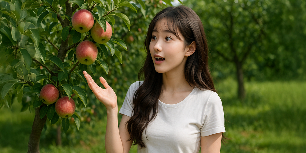 꿈에서 큰나무와 열매를보며 신기해하는여성