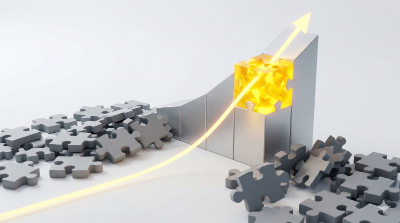 표준 양식을 상징하는 똑같은 회색 퍼즐 조각들을 밀어내고, 우리 기업에 딱 맞춘 빛나는 기하학적 블록이 우상향 성장 그래프에 완벽하게 결합되는 모습을 표현한 개념도