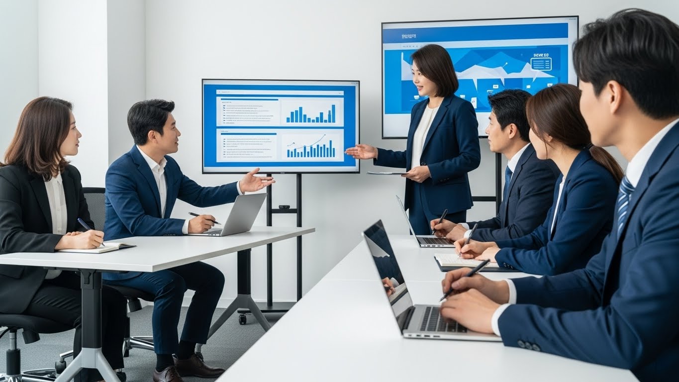 다양한 분야의 기업가들이 평가위원들과 함께 진지한 인터뷰를 진행하는 모습. 디지털 프레젠테이션을 활용하여 자신감 있게 사업 아이디어를 발표하며, 전문적이고 긍정적인 분위기를 연출합니다.